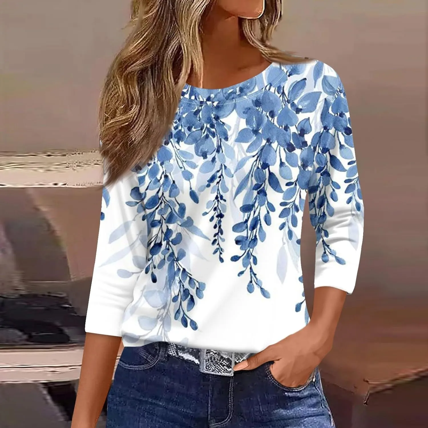3/4 Length Sleeve Womens Tops Fashion Floral Print Vintage Tshirts 2025 Summer Casual Loose Crew Neck Blouses