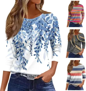 3/4 Length Sleeve Womens Tops Fashion Floral Print Vintage Tshirts 2025 Summer Casual Loose Crew Neck Blouses