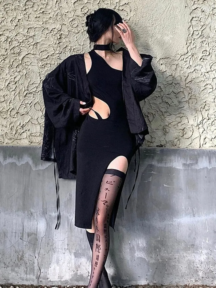 Black Halter Irregular Cut Graceful Out High Split Midi Dress
