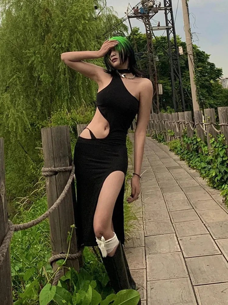 Black Halter Irregular Cut Graceful Out High Split Midi Dress