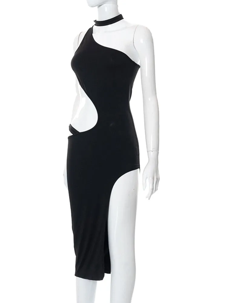 Black Halter Irregular Cut Graceful Out High Split Midi Dress
