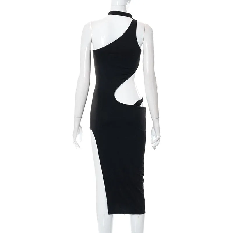 Black Halter Irregular Cut Graceful Out High Split Midi Dress