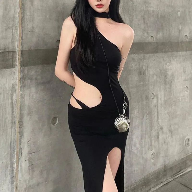 Black Halter Irregular Cut Graceful Out High Split Midi Dress