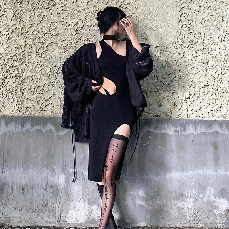 Black Halter Irregular Cut Graceful Out High Split Midi Dress