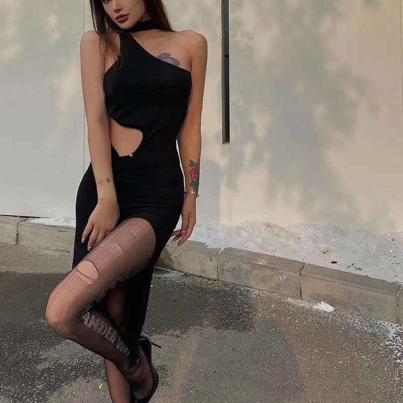 Black Halter Irregular Cut Graceful Out High Split Midi Dress
