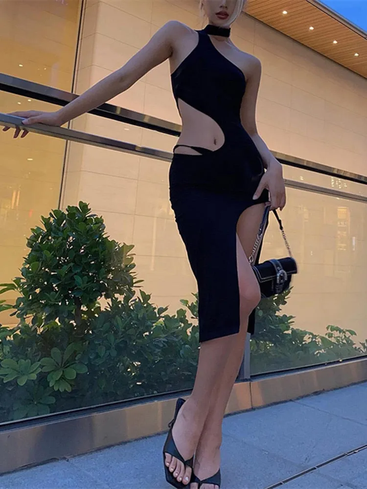Black Halter Irregular Cut Graceful Out High Split Midi Dress