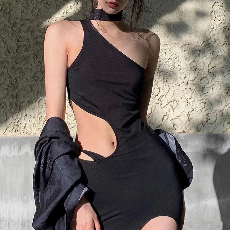 Black Halter Irregular Cut Graceful Out High Split Midi Dress