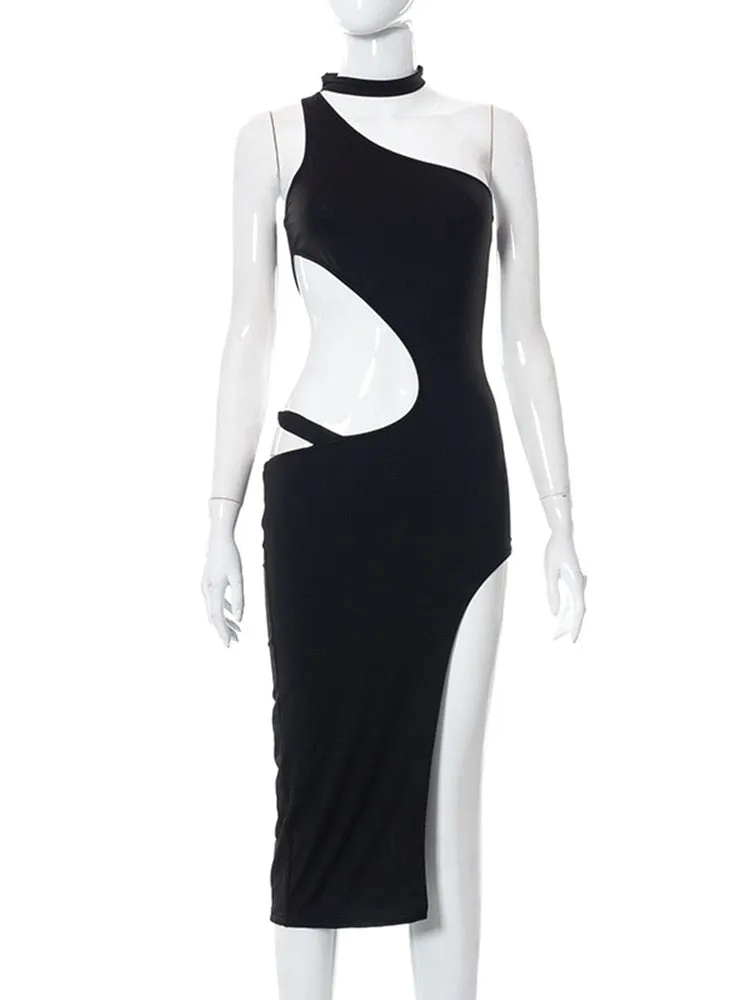 Black Halter Irregular Cut Graceful Out High Split Midi Dress