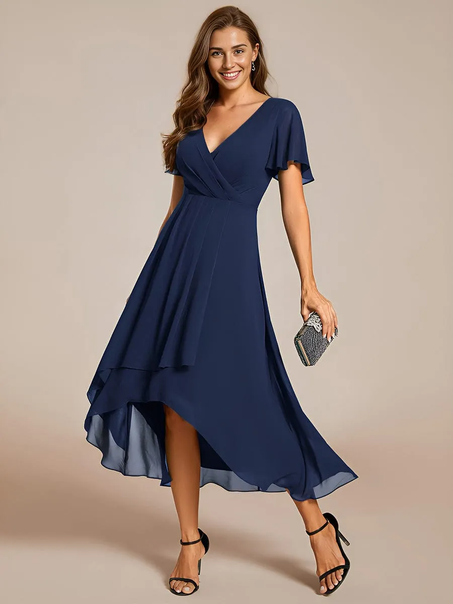 Chiffon Elegance Short Sleeve High-Low Wedding Guest Dress
