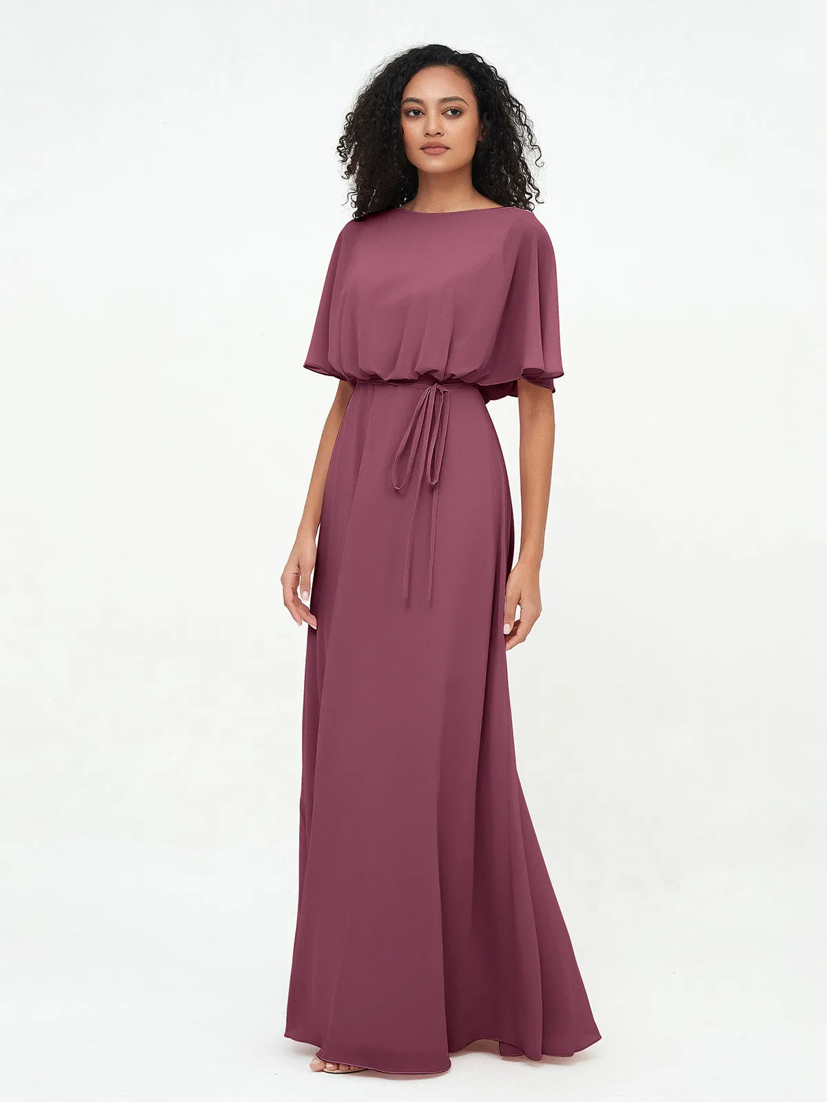 Chiffon Full Length Bridesmaid Dresses with Wrap Mulberry Plus Size