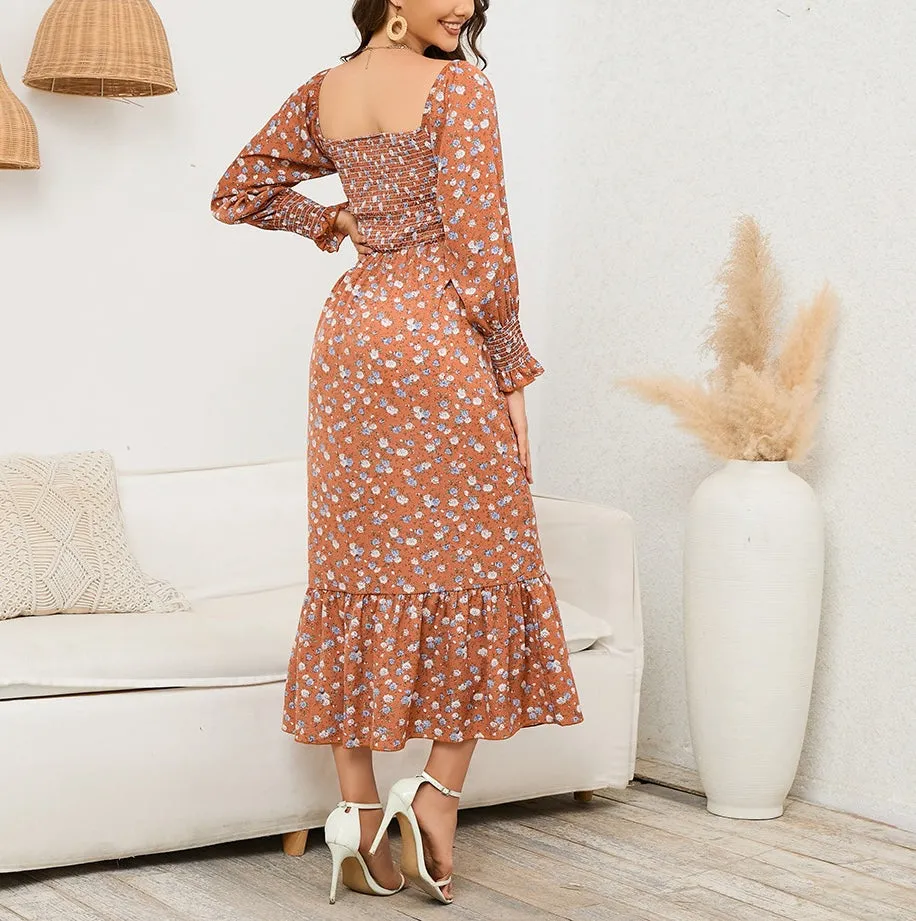 Elegant Floral Print Bell Sleeve Maternity Dress W2025