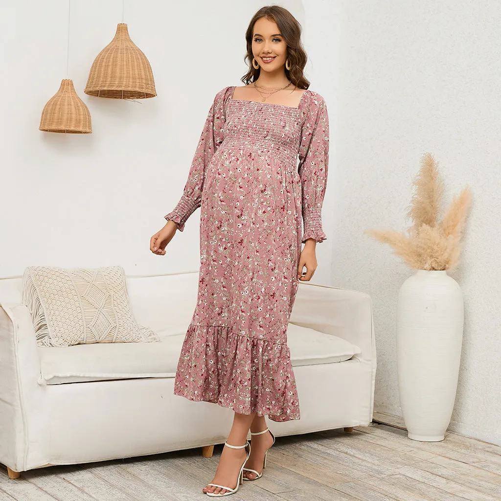 Elegant Floral Print Bell Sleeve Maternity Dress W2025