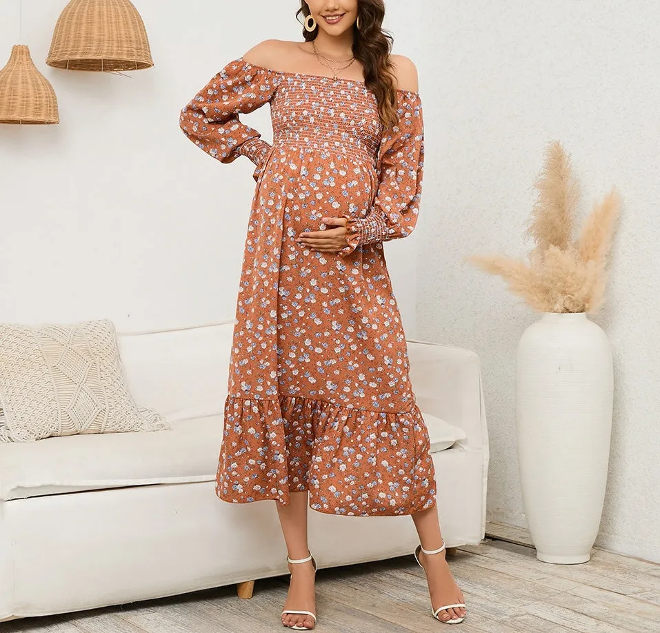 Elegant Floral Print Bell Sleeve Maternity Dress W2025