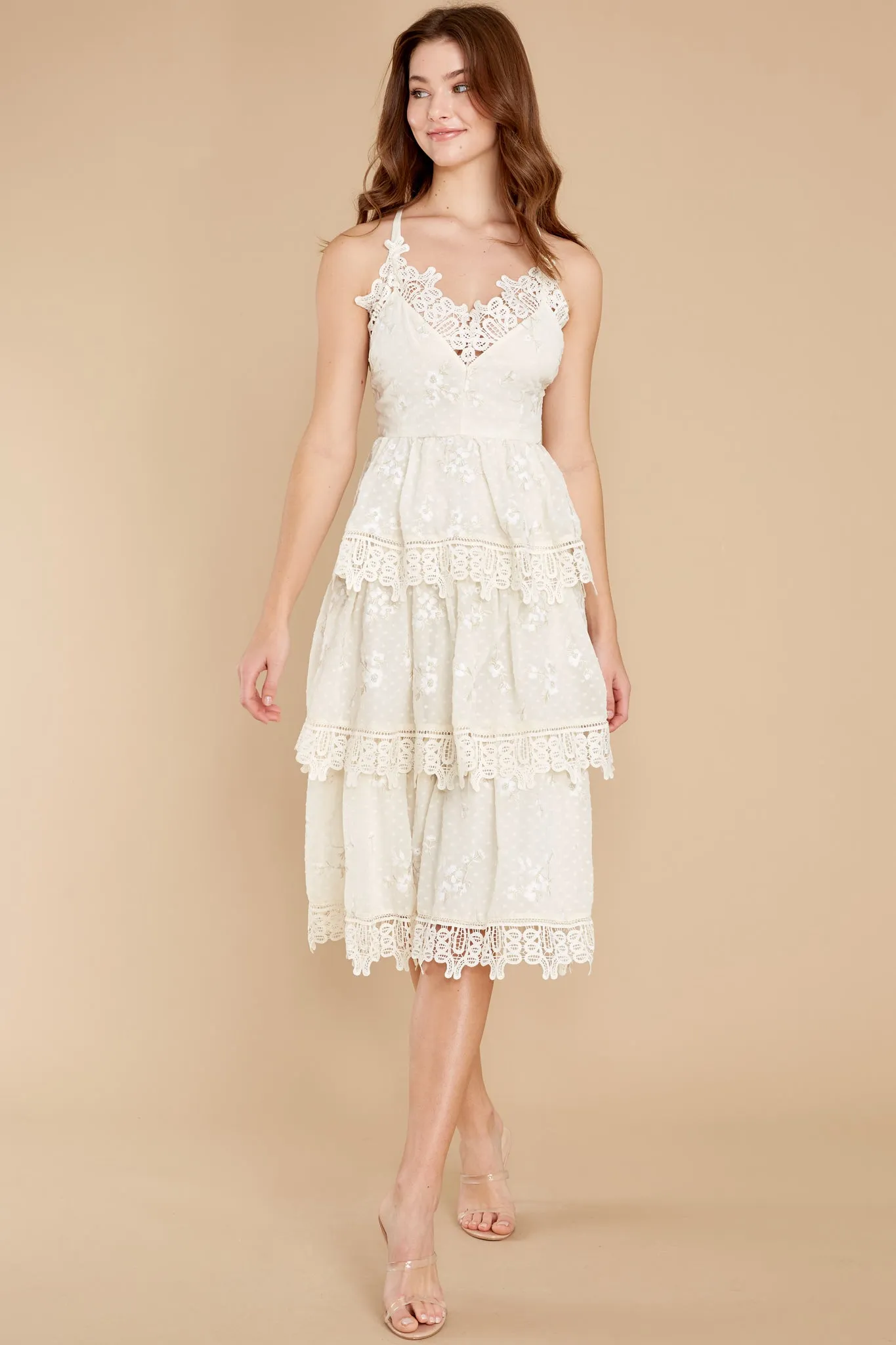 Graceful Goddess Ivory Lace Midi Dress