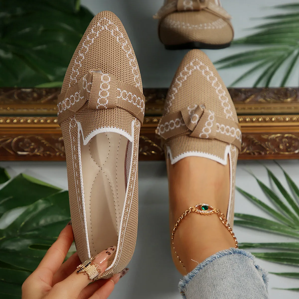 knitted Slip-On Flats with Bow