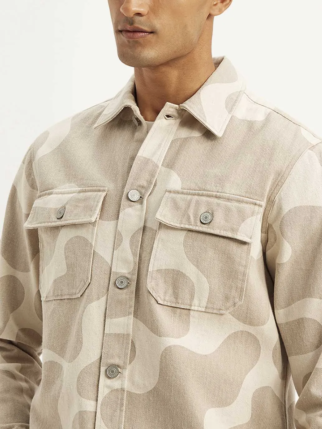 Men's Abstract Beige Relaxed Fit Utility Overshirt