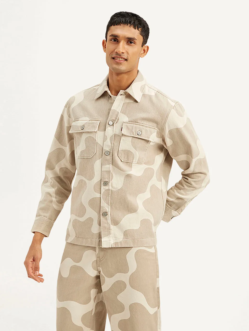 Men's Abstract Beige Relaxed Fit Utility Overshirt
