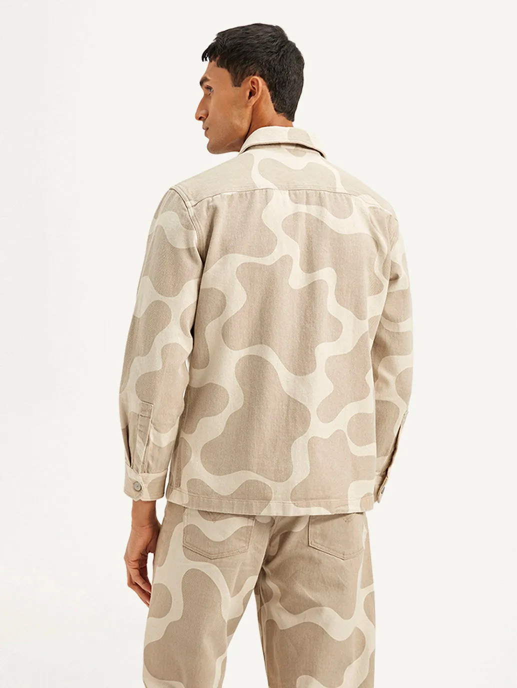Men's Abstract Beige Relaxed Fit Utility Overshirt
