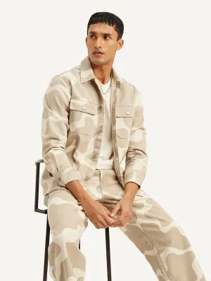 Men's Abstract Beige Relaxed Fit Utility Overshirt