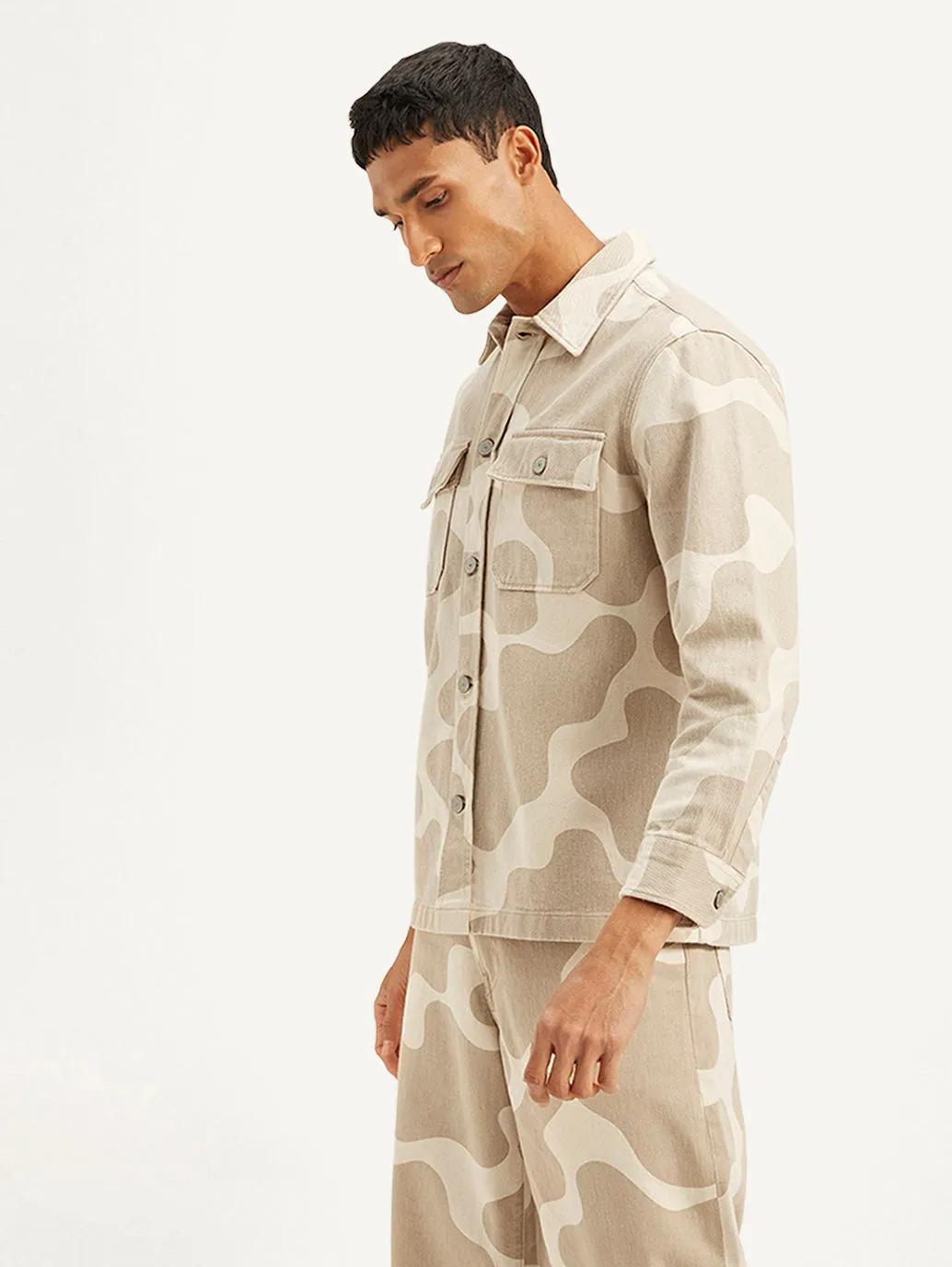 Men's Abstract Beige Relaxed Fit Utility Overshirt