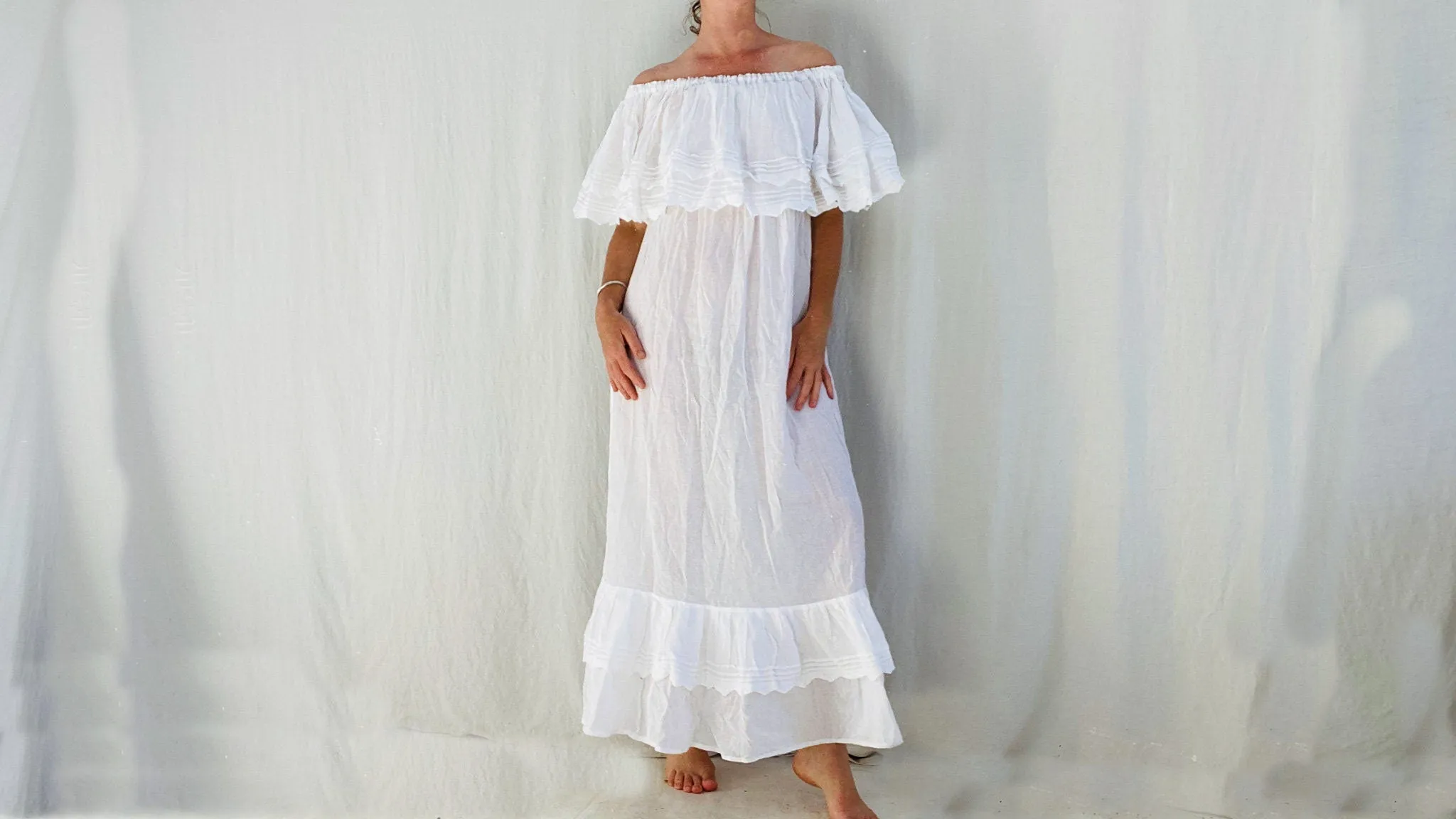 Mexican Gauze Maxi Dress. White Gauze.