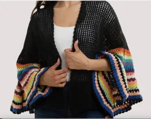 Multicolored Crochet Bell Sleeve Cardigan Short Jacket