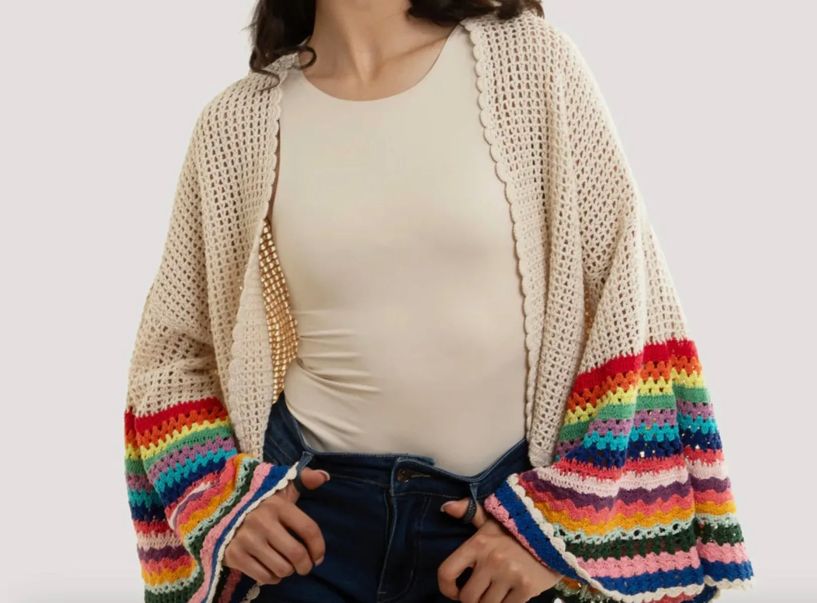 Multicolored Crochet Bell Sleeve Cardigan Short Jacket