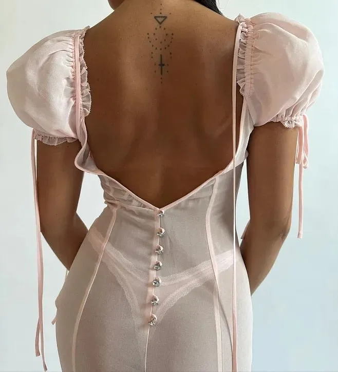 Pink Puff Sleeve Backless Graceful Crystal Button Mesh Midi Dress
