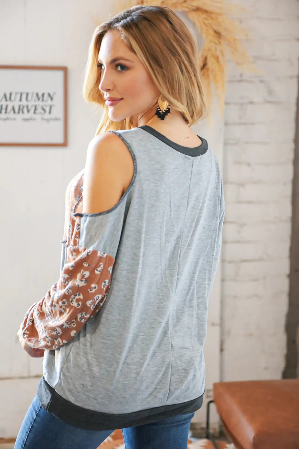Rust & Grey Animal Print Cut Out Shoulder Blouse
