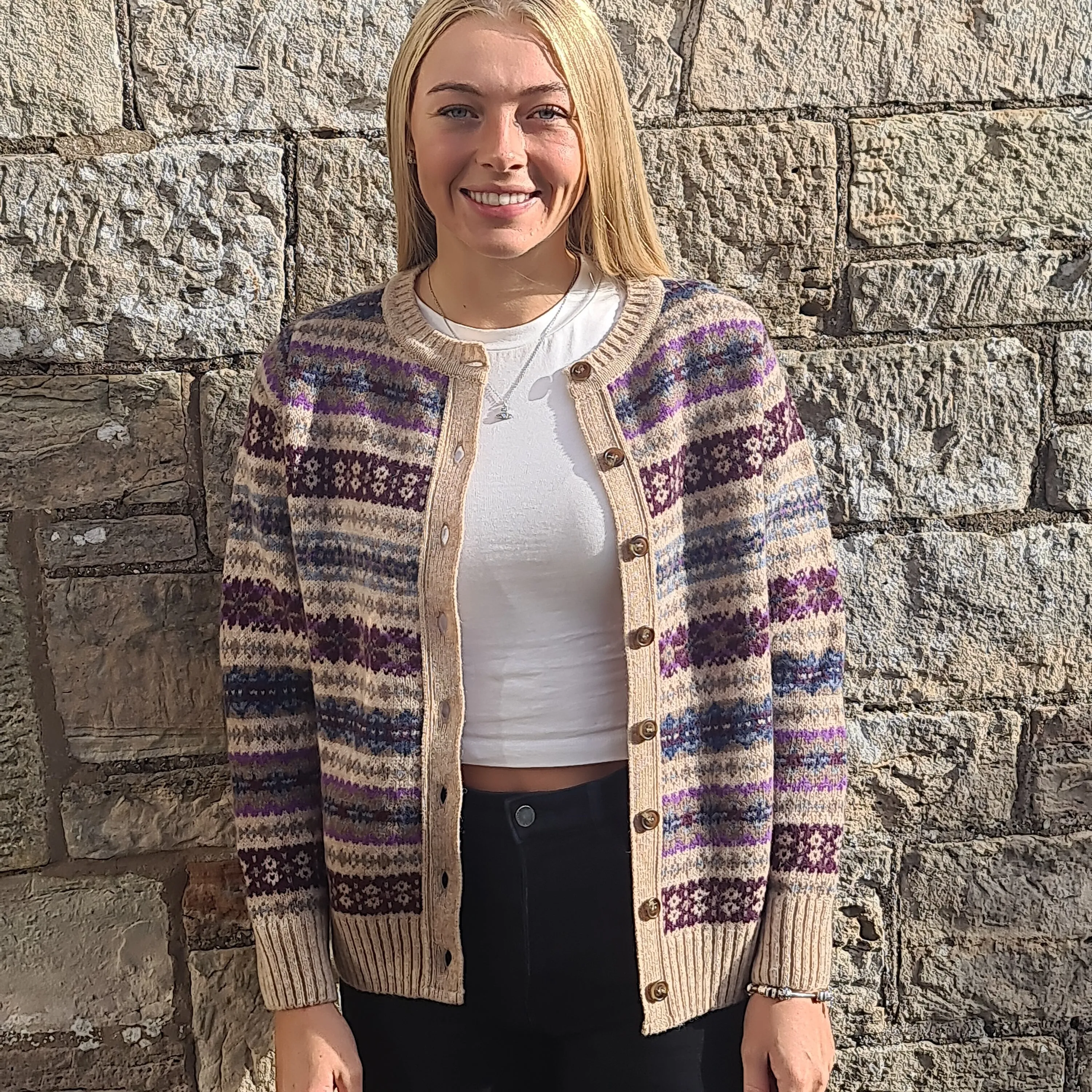 SALE Harley Of Scotland All Over Fairisle Cardigan In Tusk