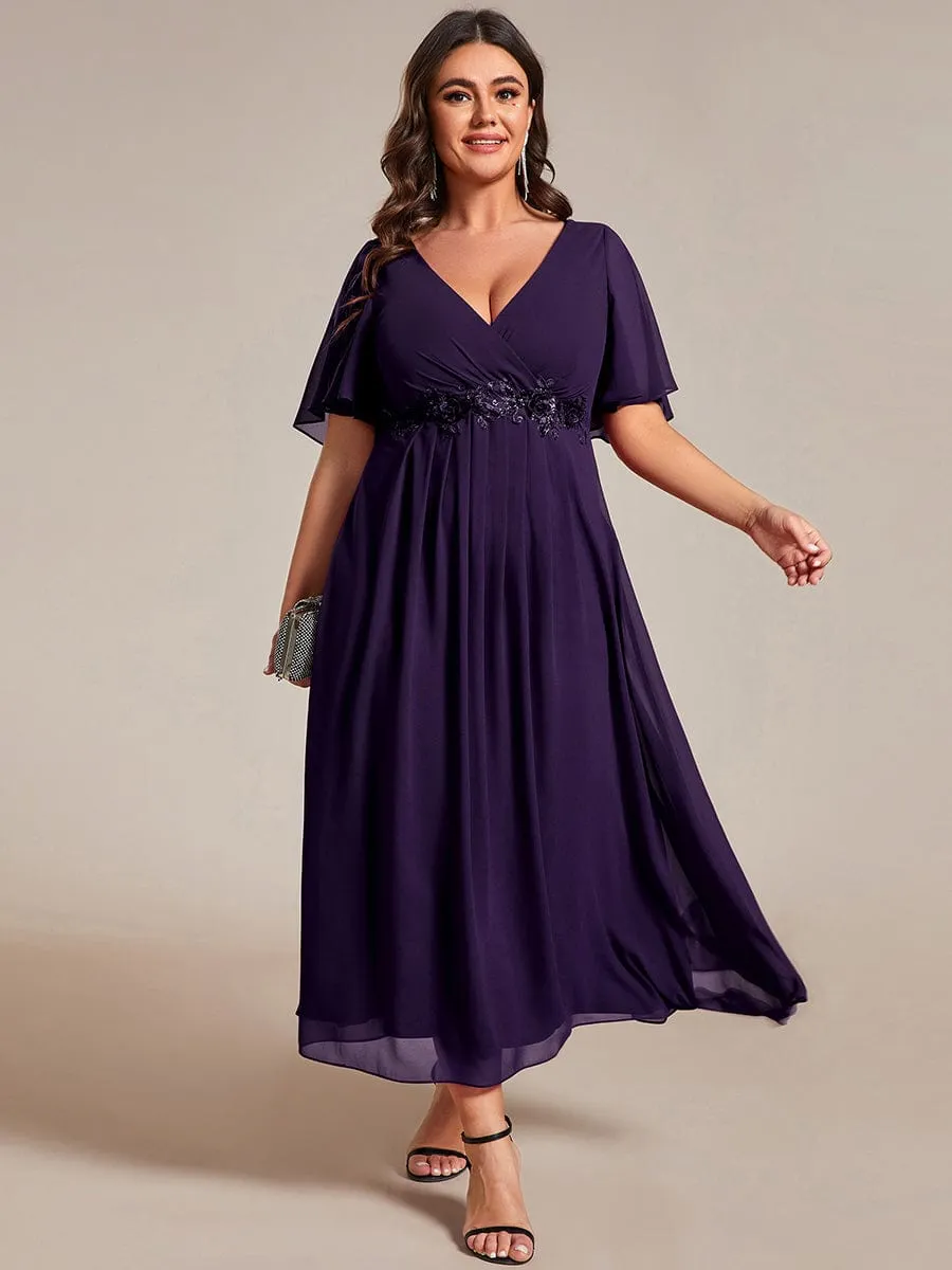 V-Neck Chiffon Midi Mother of the Bride Dress with Waist Applique