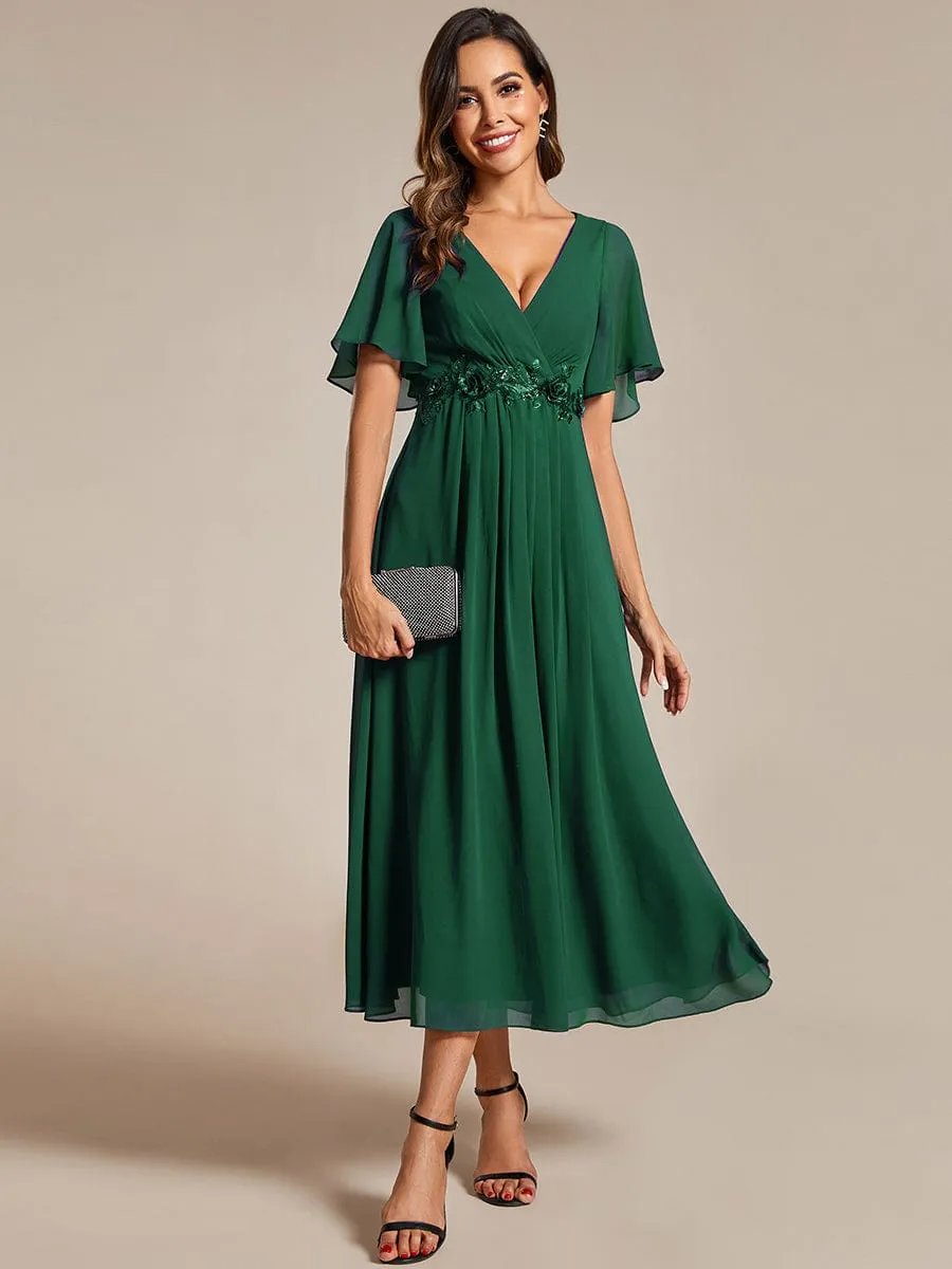 V-Neck Chiffon Midi Mother of the Bride Dress with Waist Applique