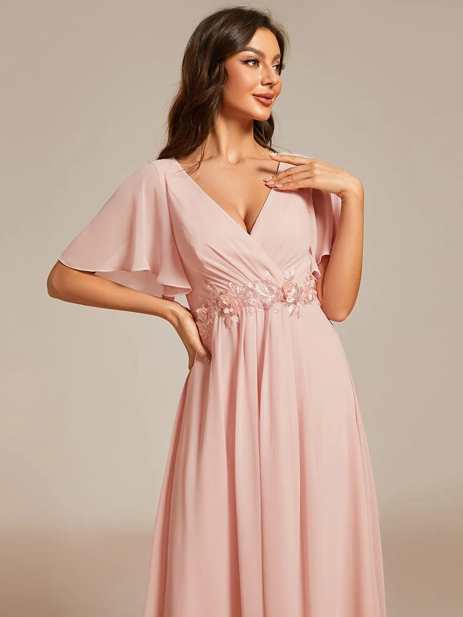 V-Neck Chiffon Midi Mother of the Bride Dress with Waist Applique