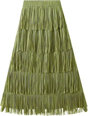 Women Fringe Skirt Elastic Waist Tiered Tassel Bodycon Midi Pencil Skirts Night-Out Party Daily Elegant Skirts