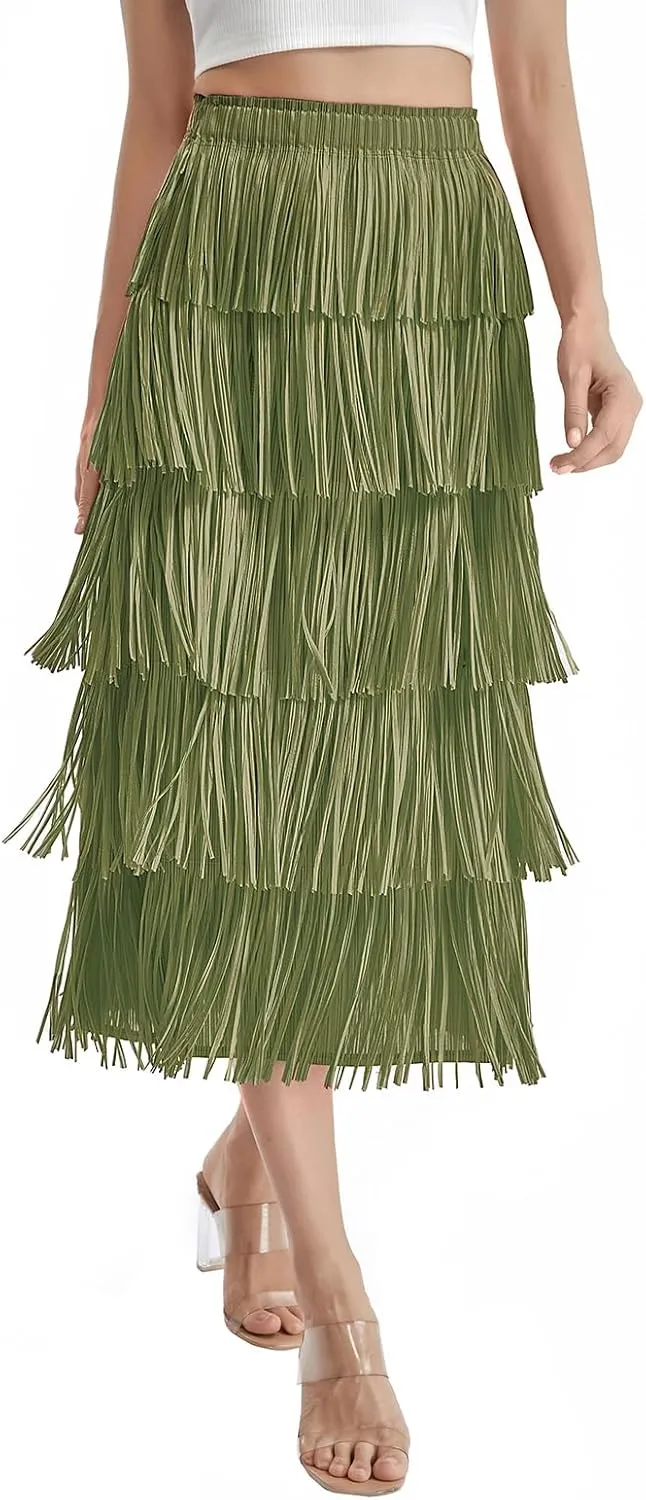 Women Fringe Skirt Elastic Waist Tiered Tassel Bodycon Midi Pencil Skirts Night-Out Party Daily Elegant Skirts
