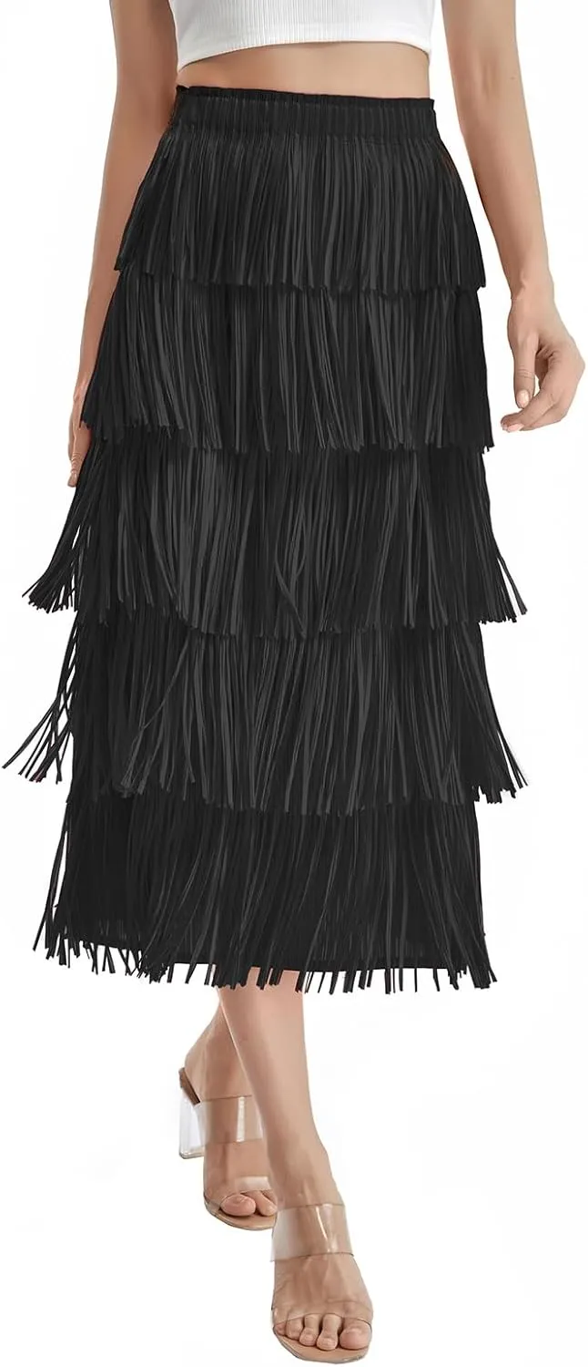 Women Fringe Skirt Elastic Waist Tiered Tassel Bodycon Midi Pencil Skirts Night-Out Party Daily Elegant Skirts