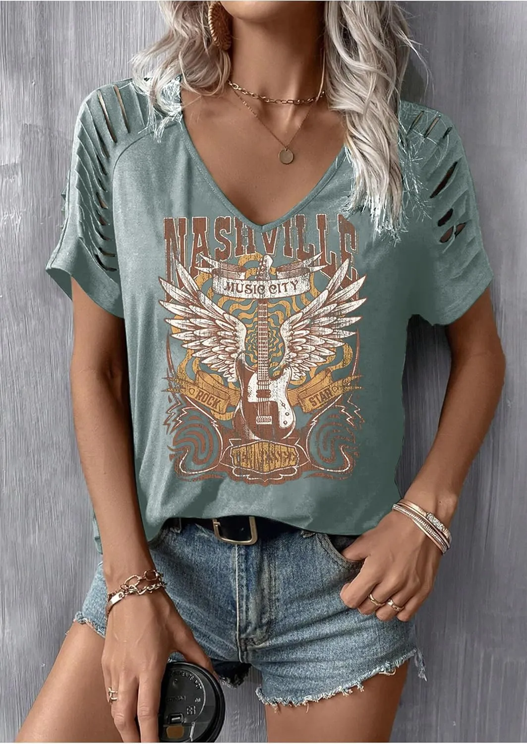 Womens Cut Out Cold Shoulder T Shirts Boho Floral Graphic Tshirts Nashville Country Lacerated Sleeve Cowgirls Tee Tops