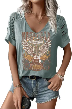 Womens Cut Out Cold Shoulder T Shirts Boho Floral Graphic Tshirts Nashville Country Lacerated Sleeve Cowgirls Tee Tops
