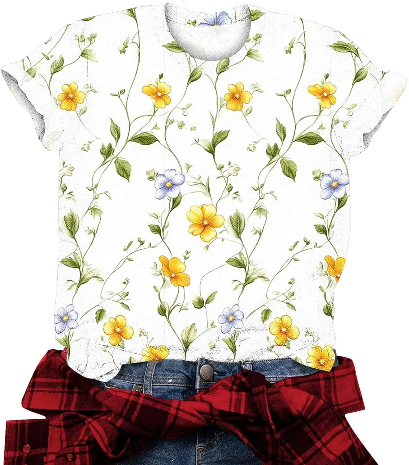 Womens Tops Dressy Casual Short Sleeve Shirts Retro Cute Floral Print Tshirt Tunic Pullover Petite Blouse 2025 Spring