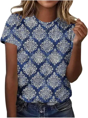 Womens Tops Dressy Casual Short Sleeve Shirts Retro Cute Floral Print Tshirt Tunic Pullover Petite Blouse 2025 Spring