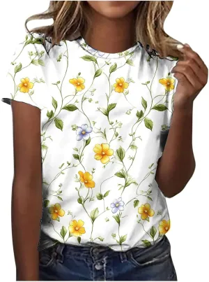 Womens Tops Dressy Casual Short Sleeve Shirts Retro Cute Floral Print Tshirt Tunic Pullover Petite Blouse 2025 Spring