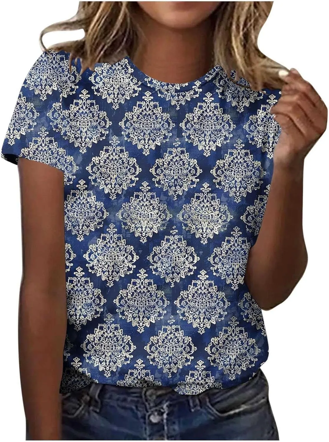 Womens Tops Dressy Casual Short Sleeve Shirts Retro Cute Floral Print Tshirt Tunic Pullover Petite Blouse 2025 Spring