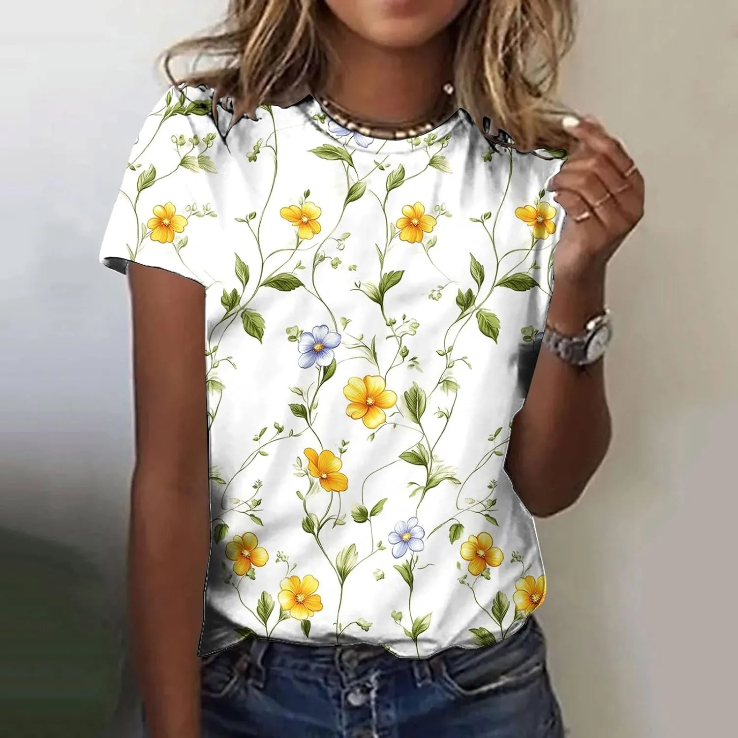Womens Tops Dressy Casual Short Sleeve Shirts Retro Cute Floral Print Tshirt Tunic Pullover Petite Blouse 2025 Spring
